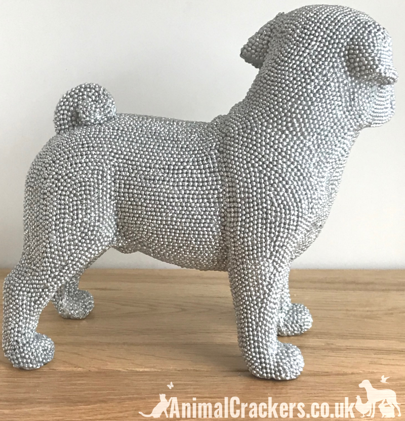 Glitzy silver diamante standing Pug ornament figurine glittery decoration sculpture boxed