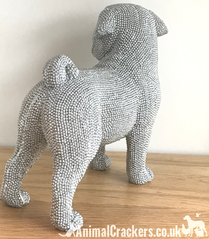 Glitzy silver diamante standing Pug ornament figurine glittery decoration sculpture boxed