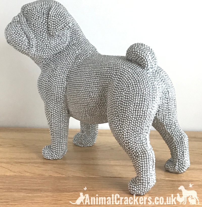 Glitzy silver diamante standing Pug ornament figurine glittery decoration sculpture boxed