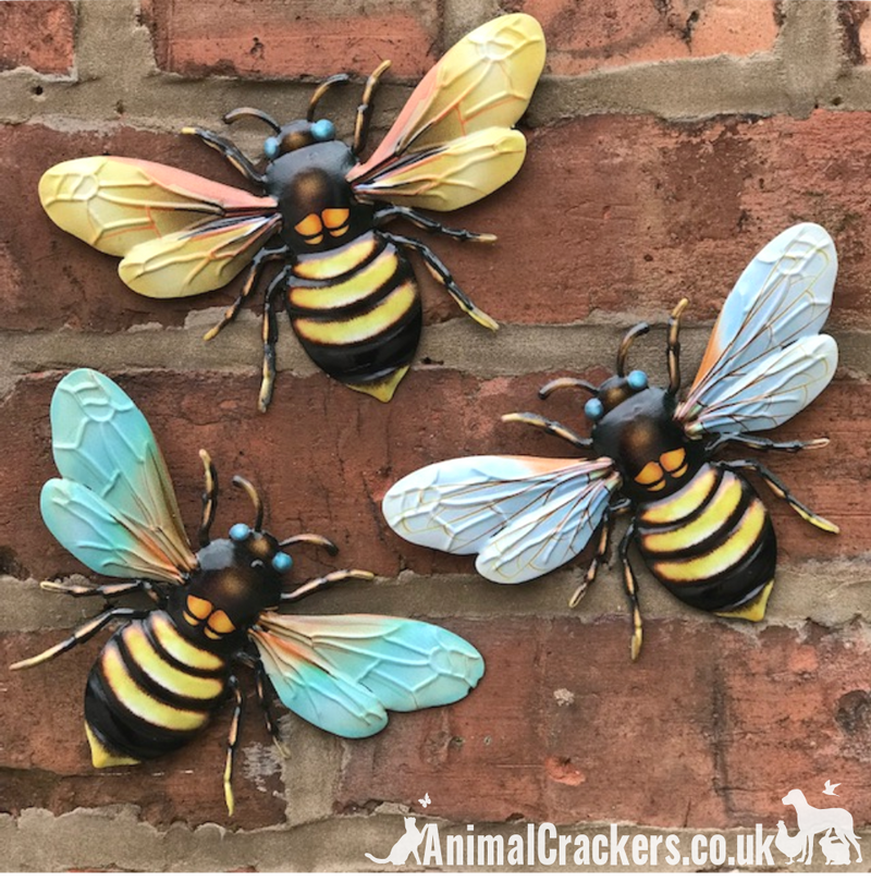 3 x 18cm mixed colour metal Bees, bright colour garden decoration, novelty Bee lover gift