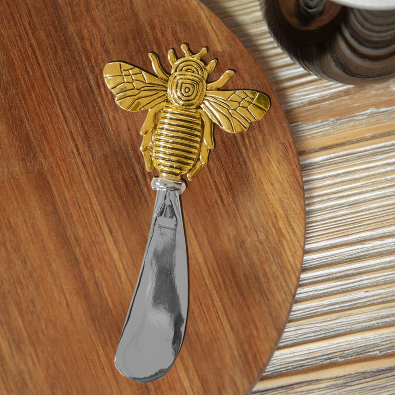 Round wood cheese board with gold Bee decorated cheese spreader, gift boxed