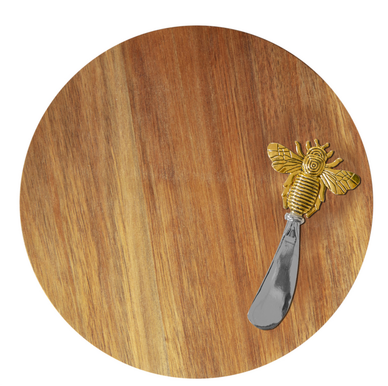 Round wood cheese board with gold Bee decorated cheese spreader, gift boxed