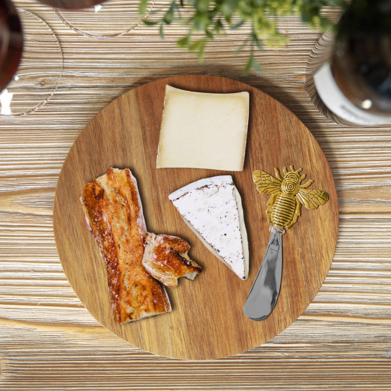 Round wood cheese board with gold Bee decorated cheese spreader, gift boxed