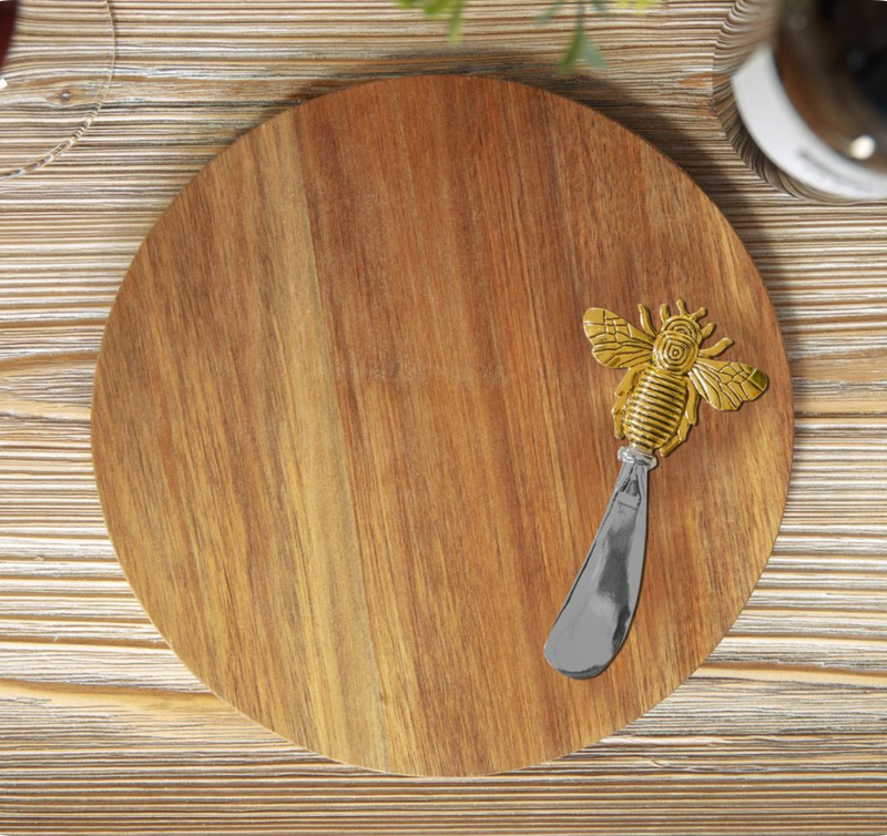 Round wood cheese board with gold Bee decorated cheese spreader, gift boxed