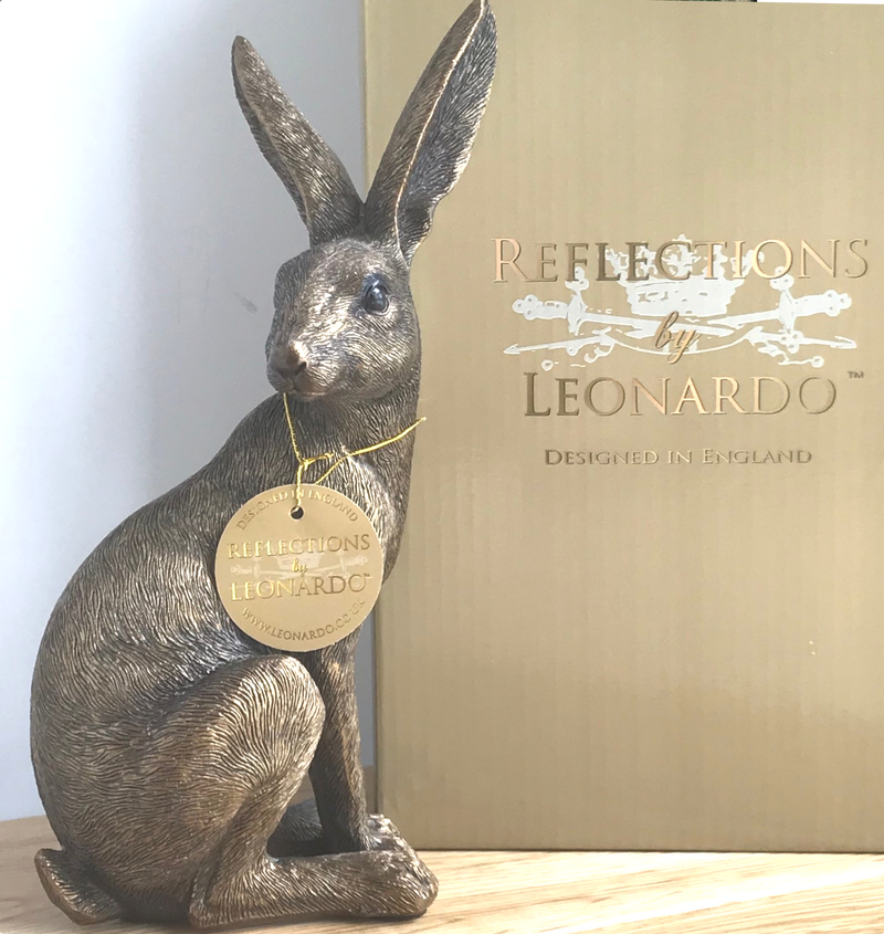 Animal Crackers Exclusive - Leonardo Reflections Bronzed range large 22cm high bronze effect Sitting Hare ornament figurine, in quality gold gift box