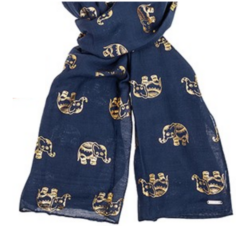 Ladies lightweight gold foil Elephant print ladies Scarf Sarong in choice of colours