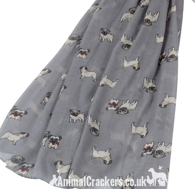 Ladies Pug Dog print lightweight cotton mix scarf sarong in choice of colours