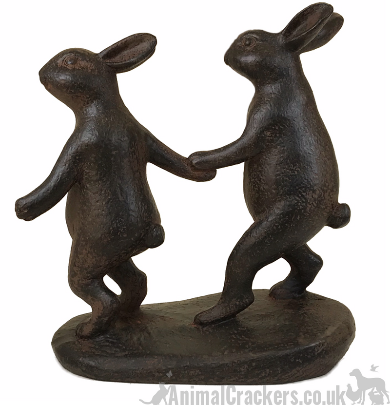 Chip & Dale - pair of rabbits holding hands ornament, dark bronze clay effect