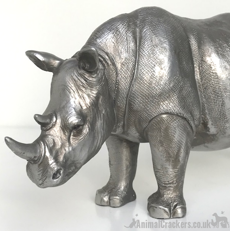 26cm Rhino ornament, heavy antique silver effect, great safari animal-lover gift