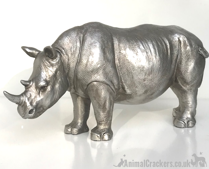 26cm Rhino ornament, heavy antique silver effect, great safari animal-lover gift