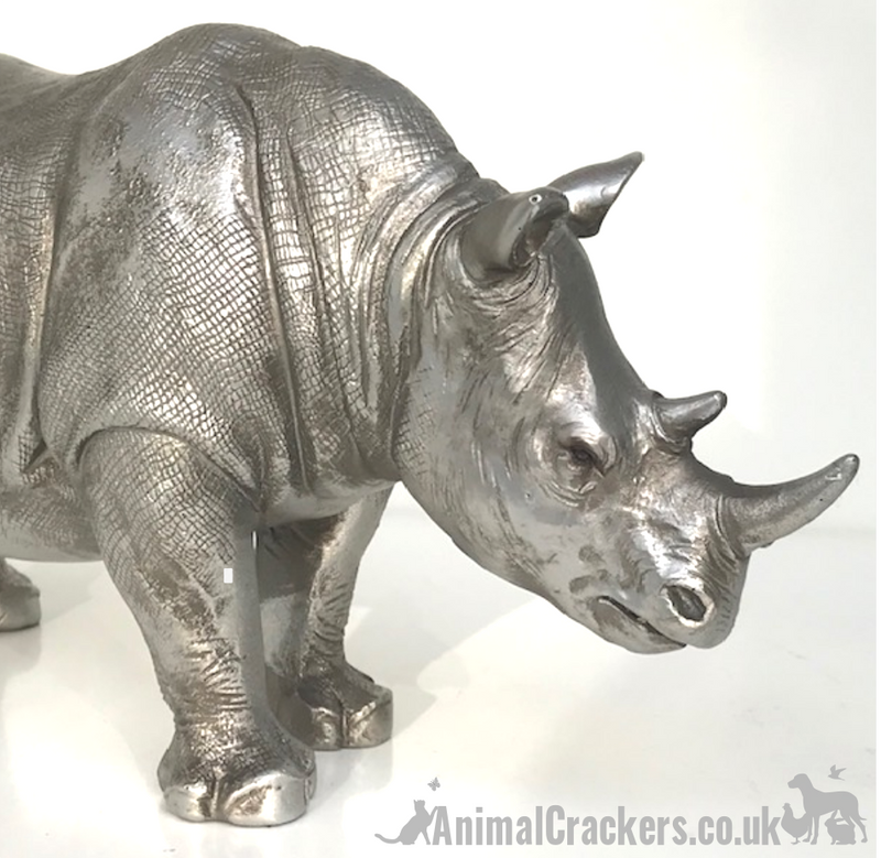 26cm Rhino ornament, heavy antique silver effect, great safari animal-lover gift