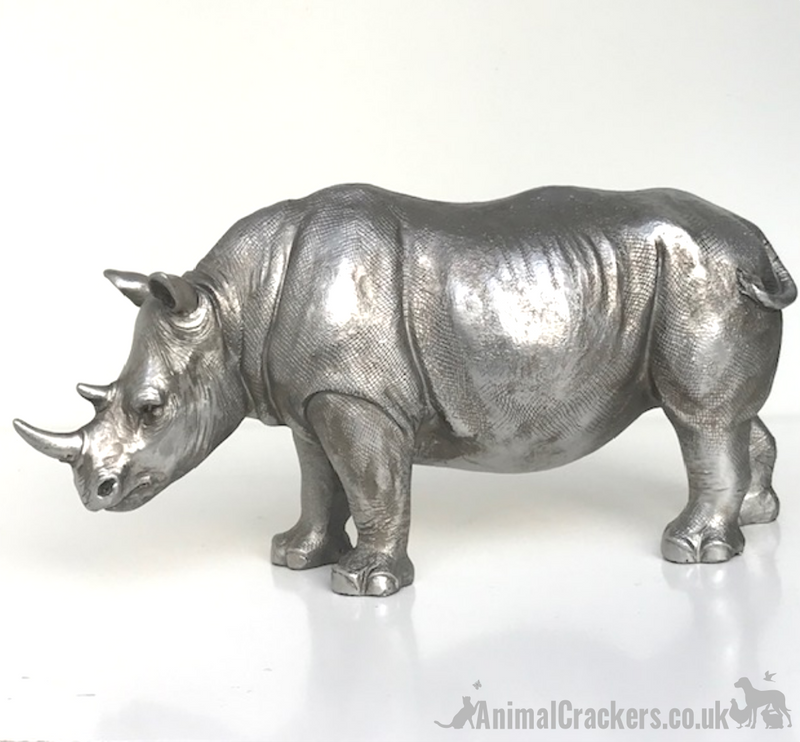 26cm Rhino ornament, heavy antique silver effect, great safari animal-lover gift