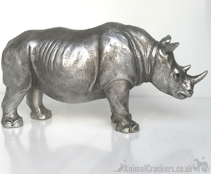 26cm Rhino ornament, heavy antique silver effect, great safari animal-lover gift