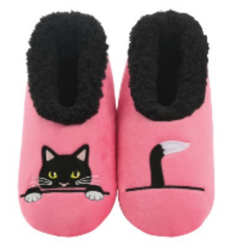Ladies Snoozies Pairables 'Peek a Boo' Cat design bright PINK cosy washable non-slip Slippers Cat lover gift stocking filler