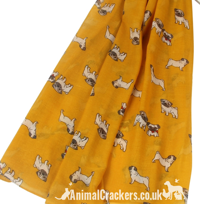 Ladies Pug Dog print lightweight cotton mix scarf sarong in choice of colours