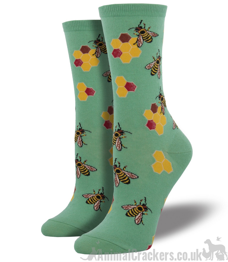 Women's Busy Bee design socks by Socksmith, seafoam colour, one size