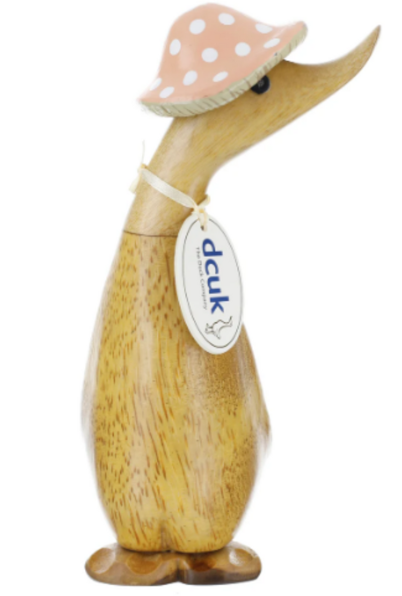 DCUK 'Toadstool Folk' natural wood Duckling in Spotty Hat, with name tag