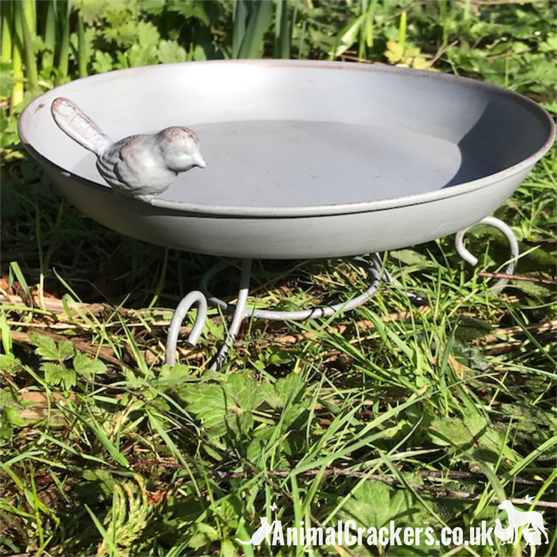 Grey Metal freestanding Bird Bath/Feeder with decorative bird, garden bird/wildlife lover gift