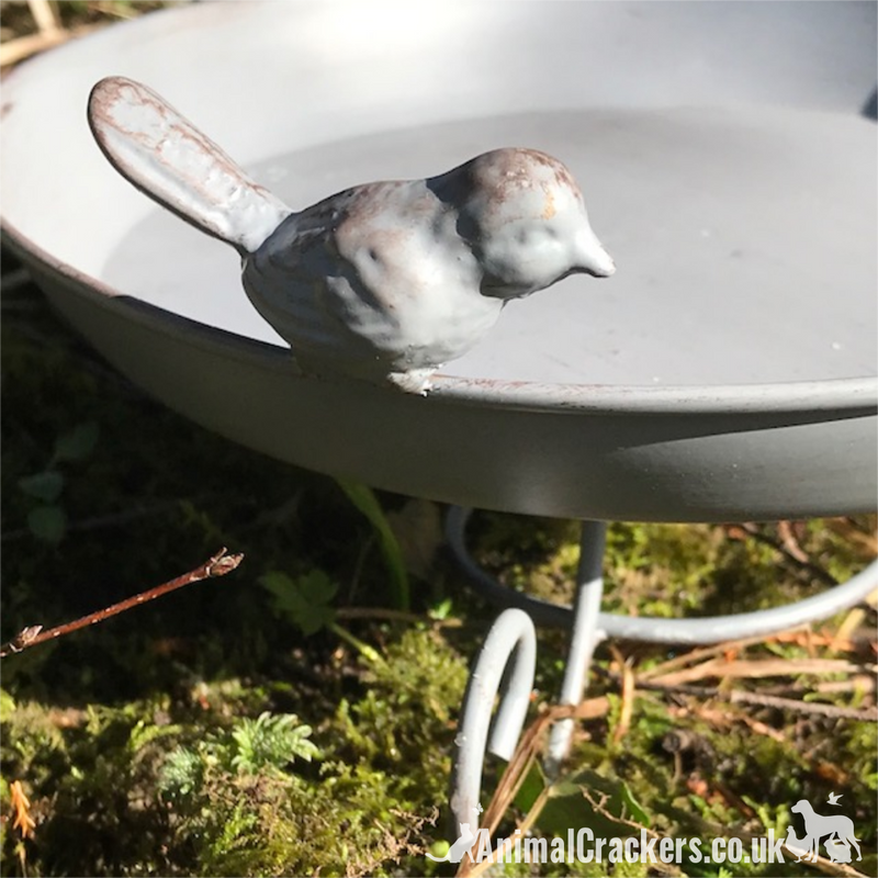 Grey Metal freestanding Bird Bath/Feeder with decorative bird, garden bird/wildlife lover gift