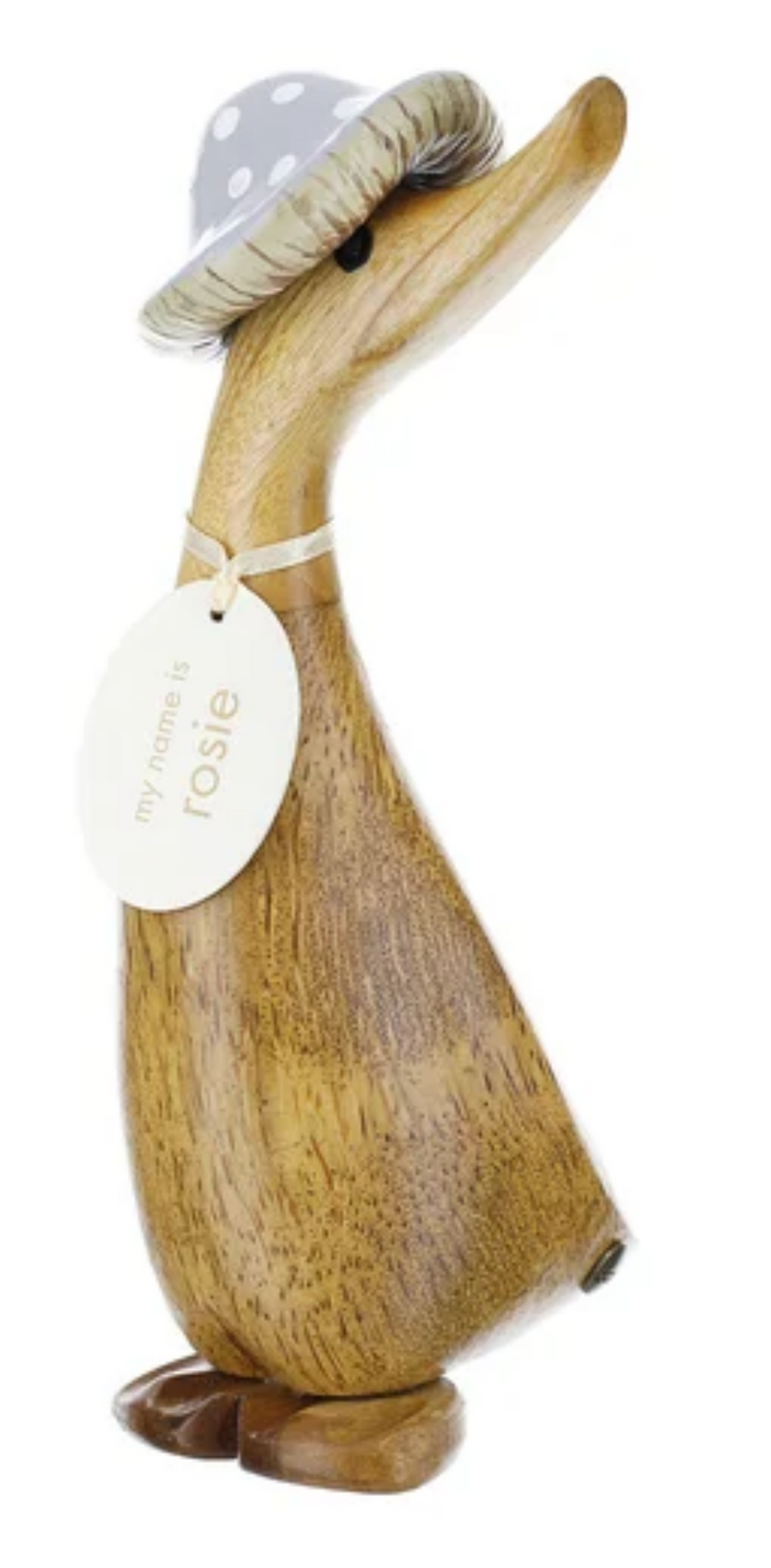 DCUK 'Toadstool Folk' natural wood Duckling in Spotty Hat, with name tag