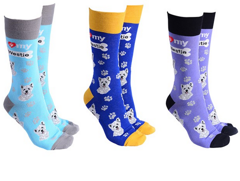 West Highland Terrier design socks with 'I love my Westie' text, quality Unisex One Size stocking filler