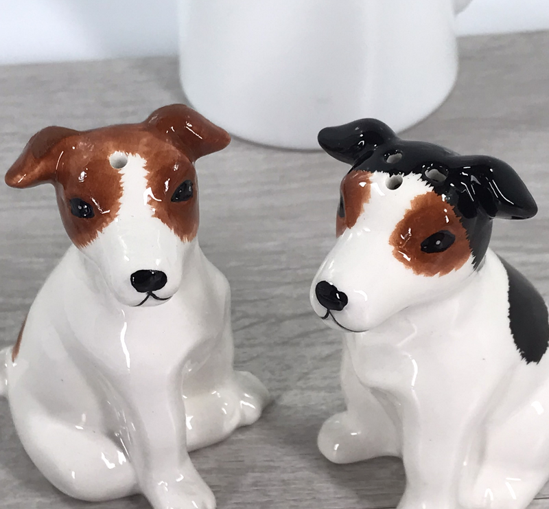 Jack Russell Terrier design ceramic Salt & Pepper cruet set by Lesser & Pavey, boxed