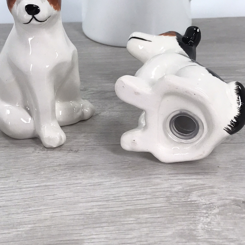 Jack Russell Terrier design ceramic Salt & Pepper cruet set by Lesser & Pavey, boxed