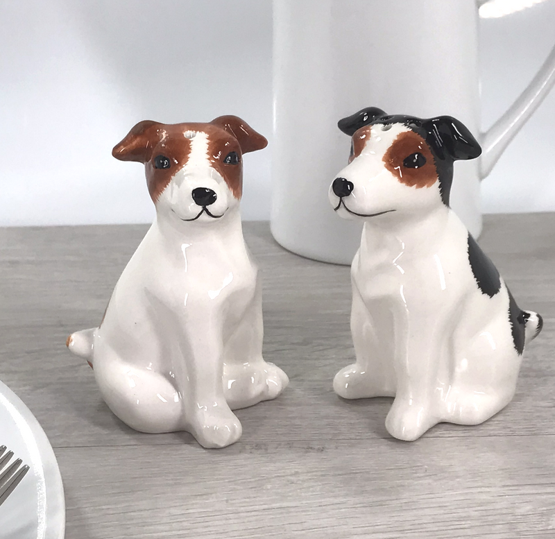 Jack Russell Terrier design ceramic Salt & Pepper cruet set by Lesser & Pavey, boxed