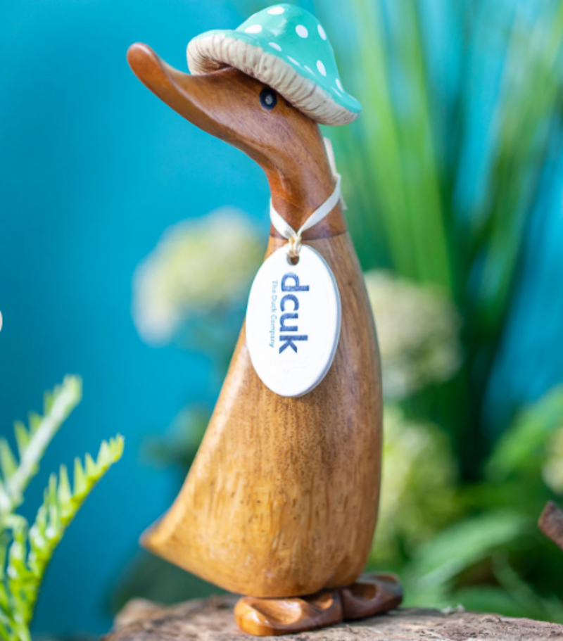 DCUK 'Toadstool Folk' natural wood Duckling in Spotty Hat, with name tag