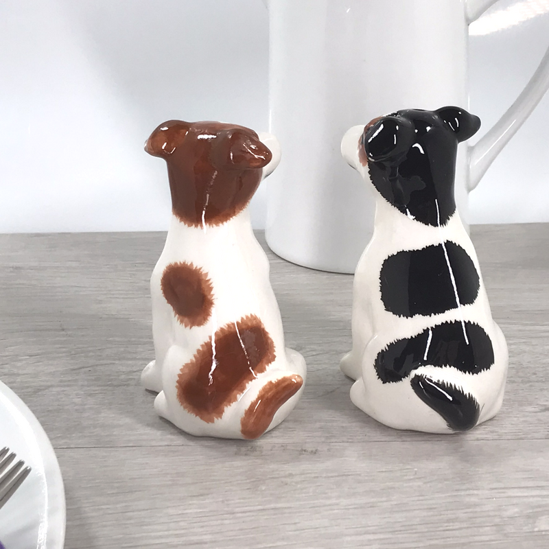 Jack Russell Terrier design ceramic Salt & Pepper cruet set by Lesser & Pavey, boxed