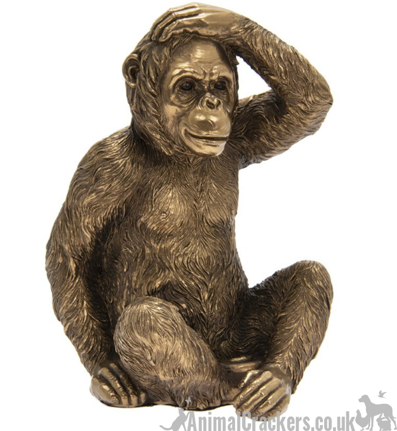 Leonardo Reflections Bronze Sitting Gorilla with hand on his head in Leonardo quality gold gift box