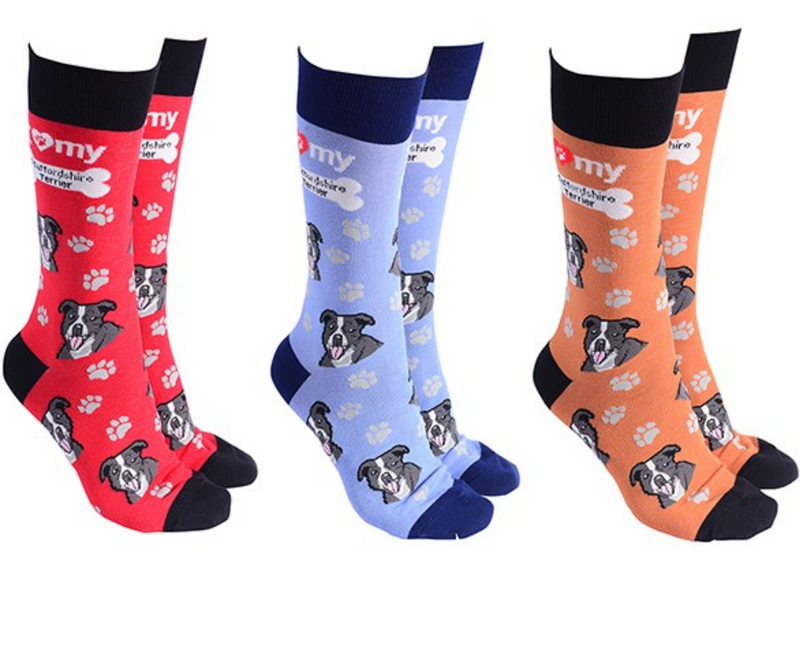 Staffordshire Bull Terrier design socks with 'I love my Staffordshire Terrier' text, quality Unisex One Size stocking filler