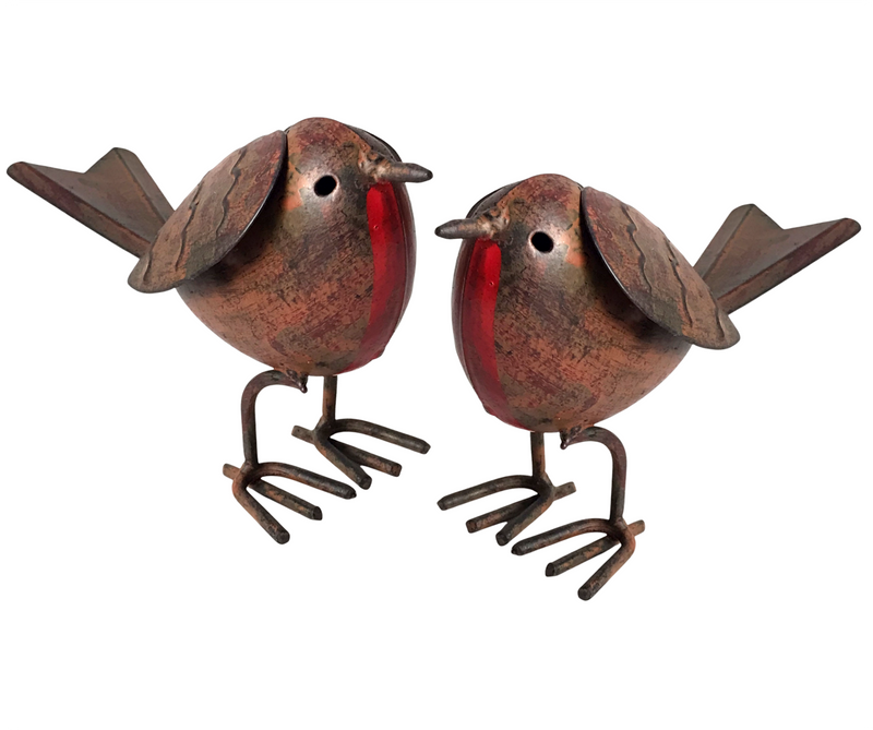 Set of 2 quirky tin metal Robin ornaments, indoor or outdoor decoration