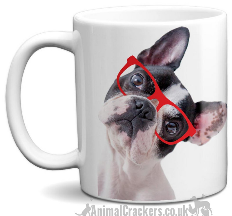 French Bulldog in Red Glasses quality ceramic Mug, novelty Frenchie lover gift