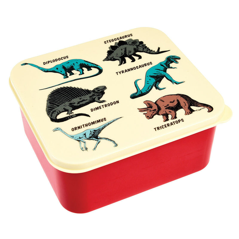 Children's Dinosaurs lunch box by Rex London, red with cream lid, perfect size for sandwiches