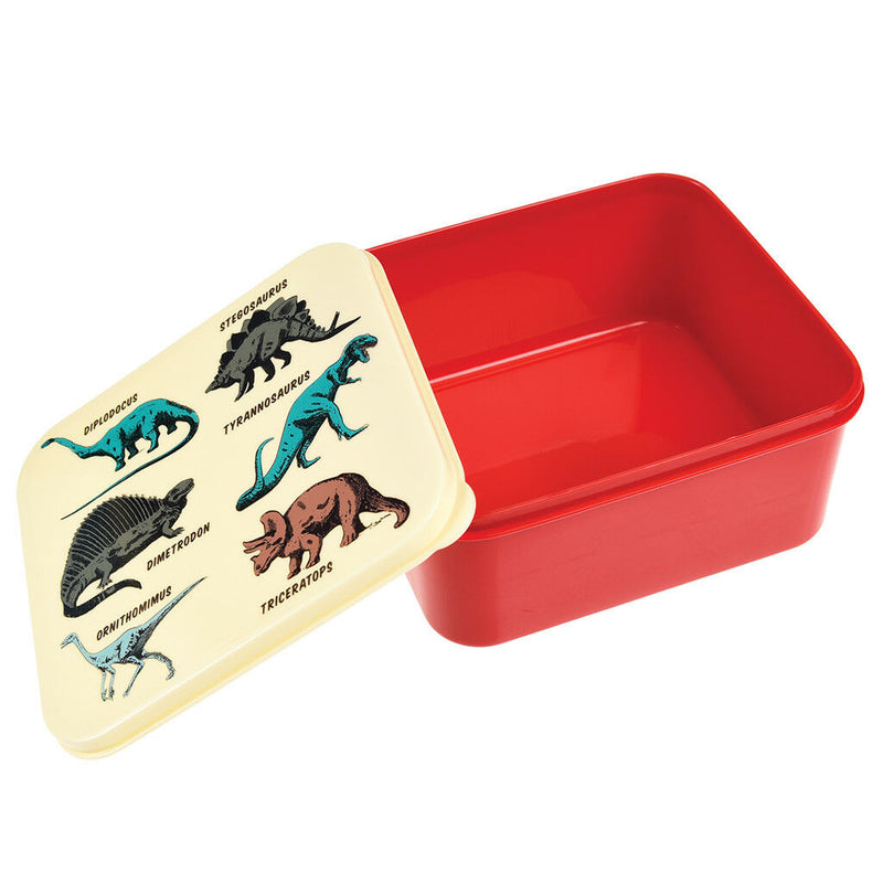 Children's Dinosaurs lunch box by Rex London, red with cream lid, perfect size for sandwiches