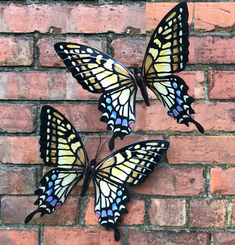 SET OF TWO large 35cm Yellow metal Butterfly garden ornament wall art decorations, boxed